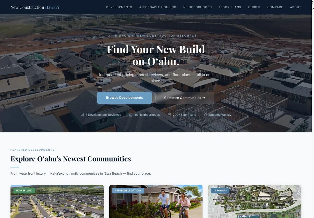 Screenshot of the New Construction Hawaii homepage
